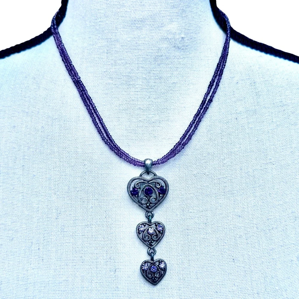 SILVER TONE 3 FILAGREE HEARTS W PURPLE CRYSTALS PENDANT ON PURPLE BEAD NECKLACE